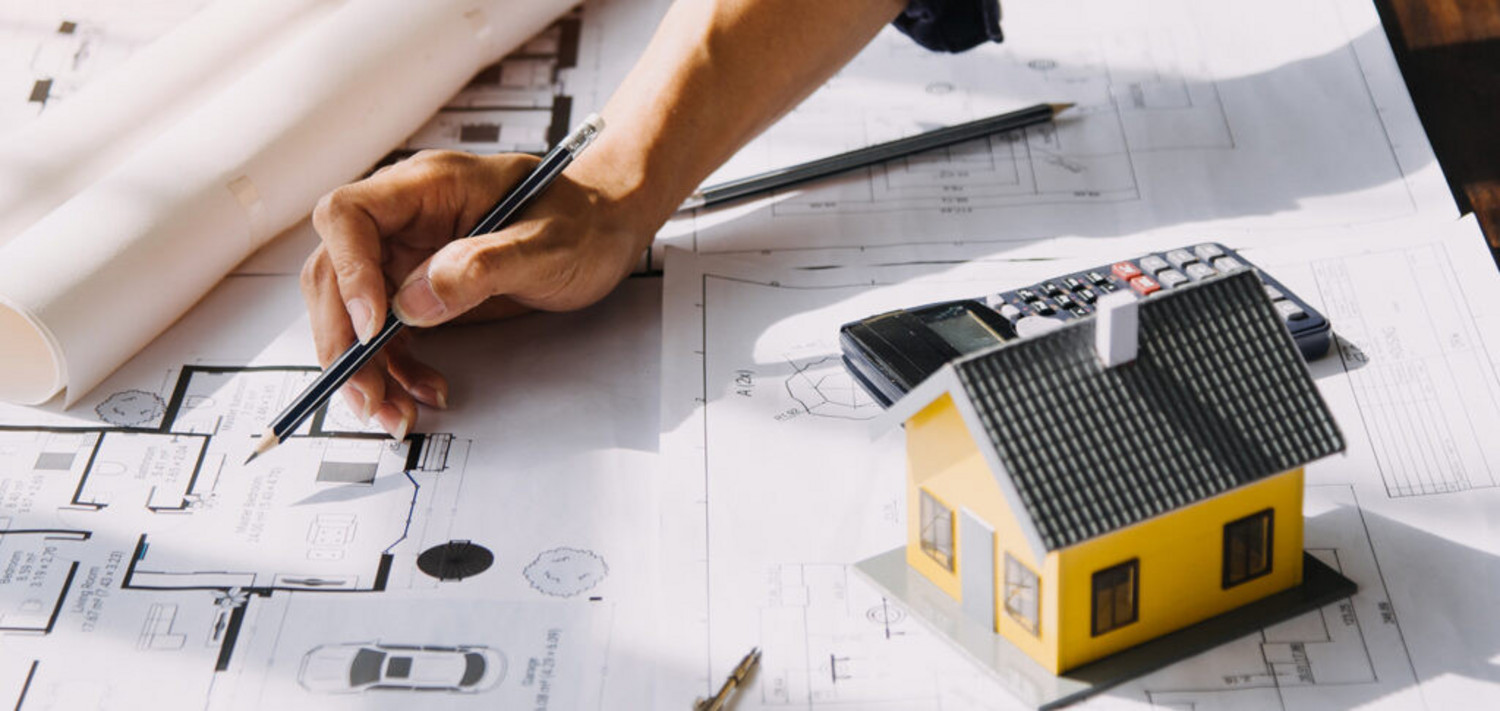 Architect concept, Architects working with blueprints in the office, Vintage Effect